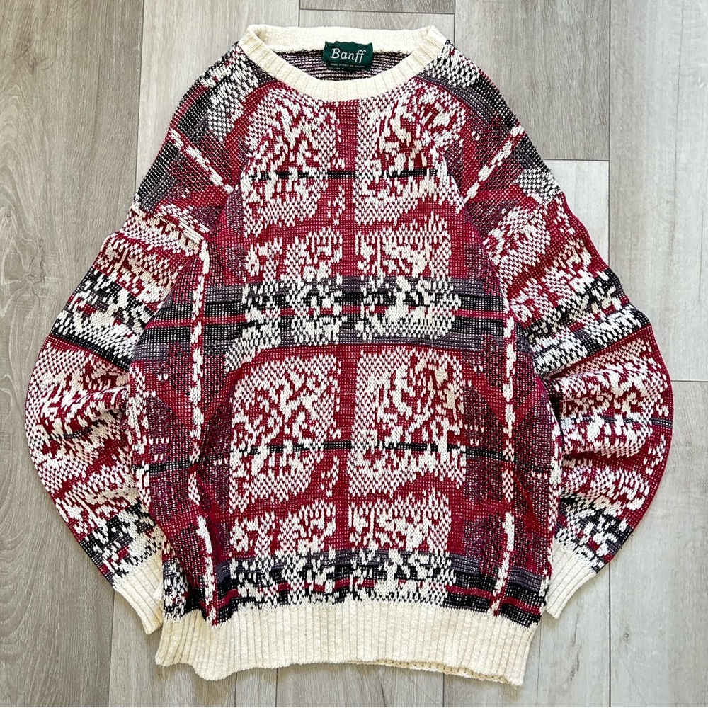 Men's Red and White Vintage Knit Sweater Size Large Pit